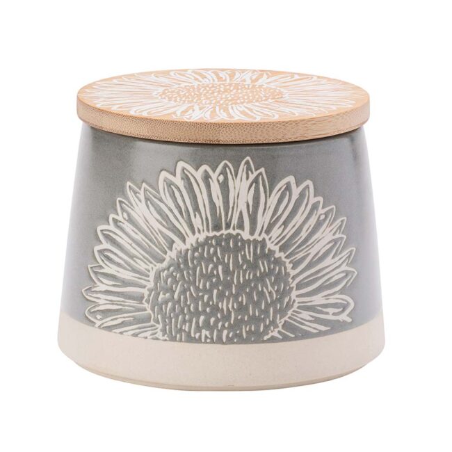 THE ENGLISH TABLEWARE COMPANY ARTISAN FLOWER GREY CANISTER WITH BAMBOO LID