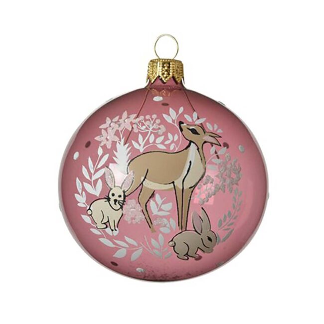 DECORIS GLASS BAUBLE VELVET PINK WITH DEER DECORATION