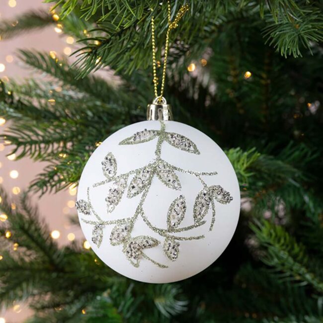 DECORIS SHATTERPROOF BAUBLE WITH GLITTER LEAF PATTERN
