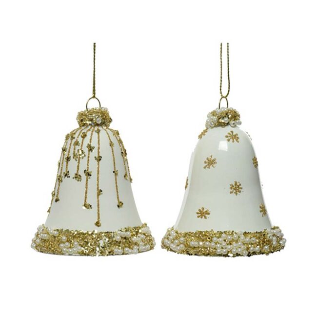 DECORIS TREE DECORATION GLASS BELL WOOL WHITE WITH GOLD GLITTER DECORATION