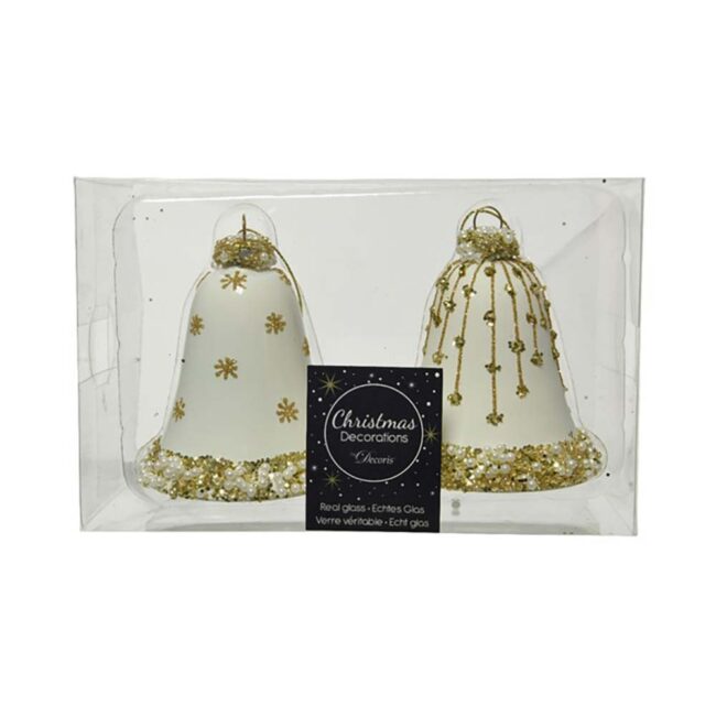 DECORIS TREE DECORATION GLASS BELL WOOL WHITE WITH GOLD GLITTER DECORATION - Image 2