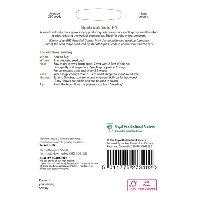 MR FOTHERGILL'S - RHS BEETROOT SOLO F1 SEEDS - Image 2