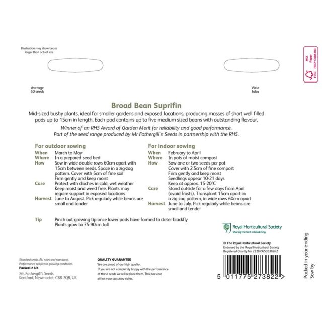 MR FOTHERGILL'S - RHS BROAD BEAN SUPRIFIN SEEDS - Image 2