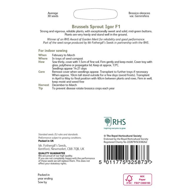 MR FOTHERGILL'S - RHS BRUSSELS SPROUT IGOR F1 SEEDS - Image 2