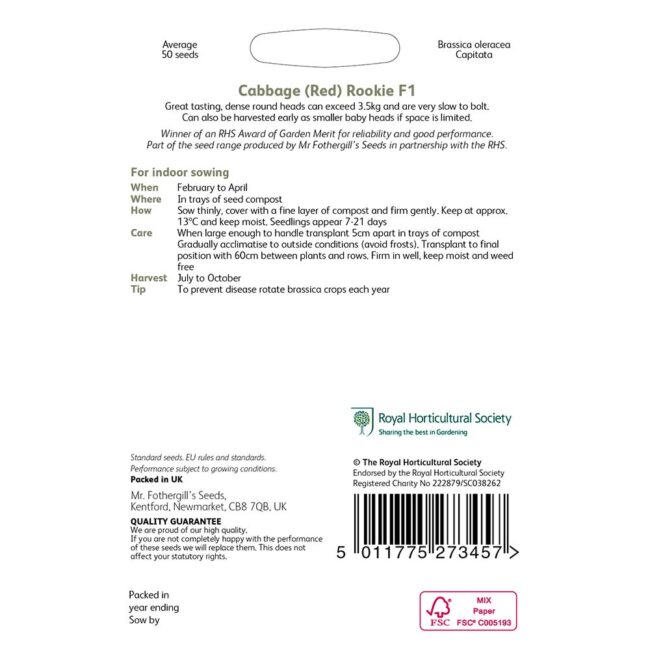 MR FOTHERGILL'S - RHS CABBAGE RED ROOKIE F1 SEEDS - Image 2