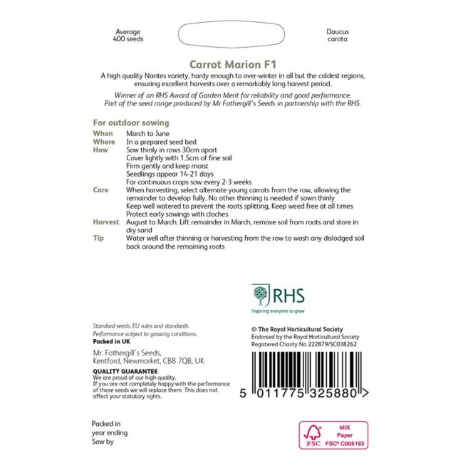 MR FOTHERGILL'S - RHS CARROT MARION F1 SEEDS - Image 2