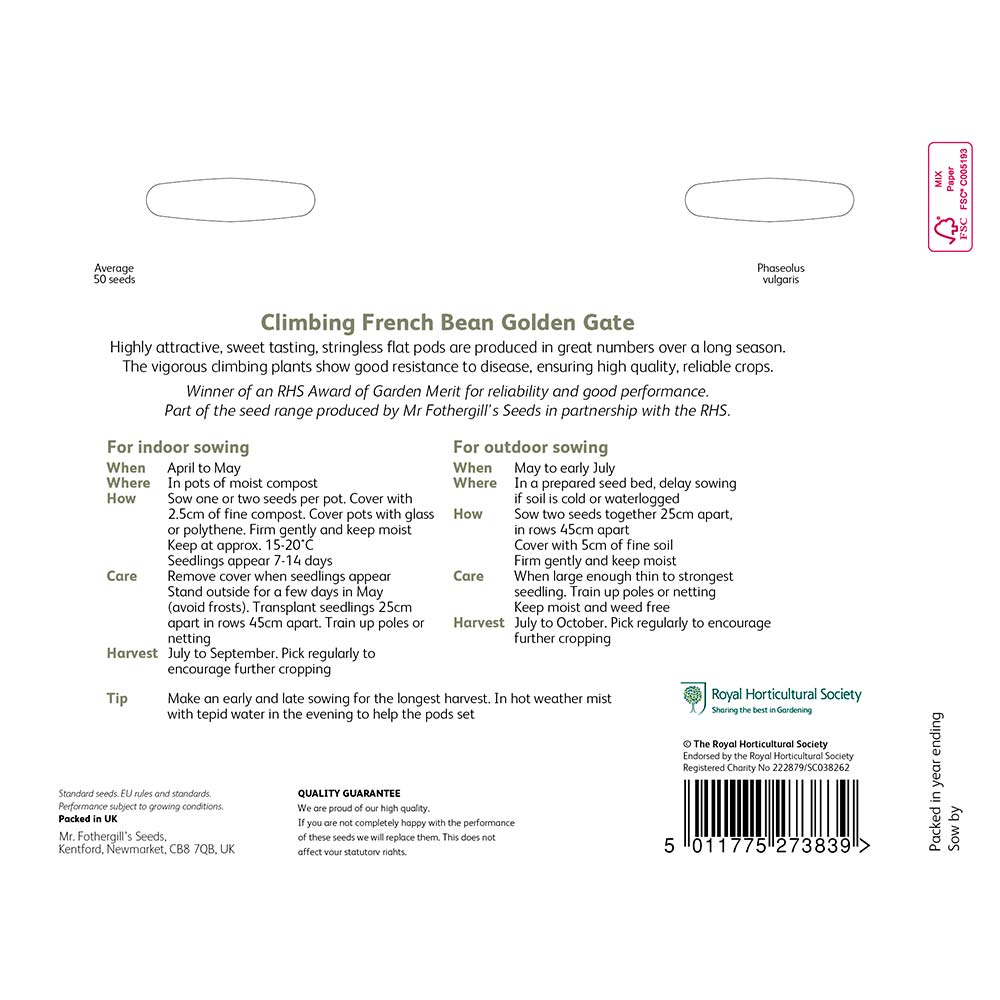 MR FOTHERGILL'S - RHS CLIMBING FRENCH BEAN GOLDEN GATE SEEDS - Image 2