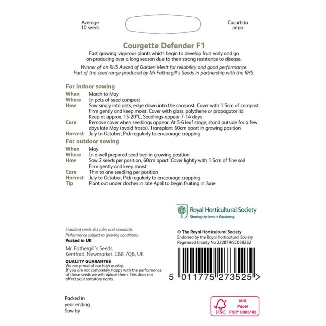 MR FOTHERGILL'S - RHS COURGETTE DEFENDER F1 SEEDS - Image 2