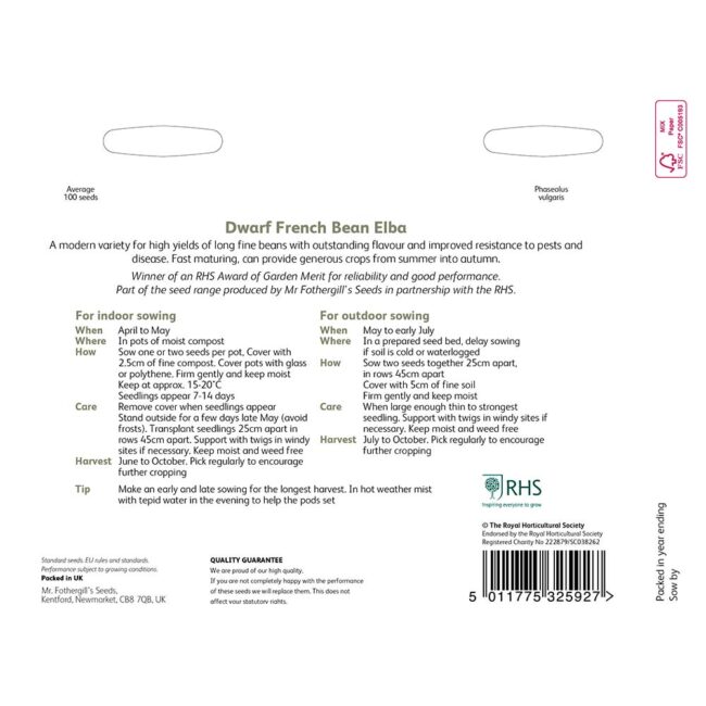 MR FOTHERGILL'S - RHS DWARF FRENCH BEAN ELBA SEEDS - Image 2