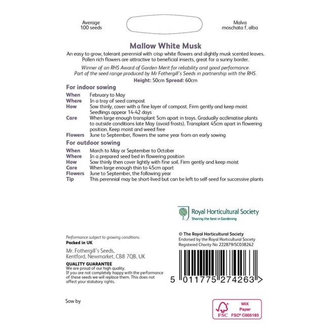 MR FOTHERGILL'S - RHS MALLOW WHITE MUSK SEEDS - Image 2