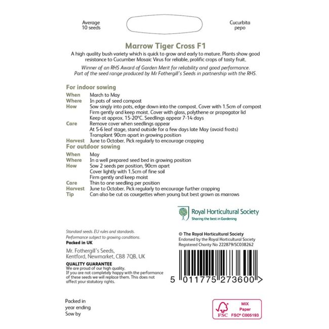 MR FOTHERGILL'S - RHS MARROW TIGER CROSS F1 SEEDS - Image 2