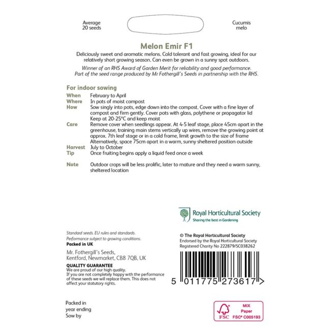 MR FOTHERGILL'S - RHS MELON EMIR F1 SEEDS - Image 2