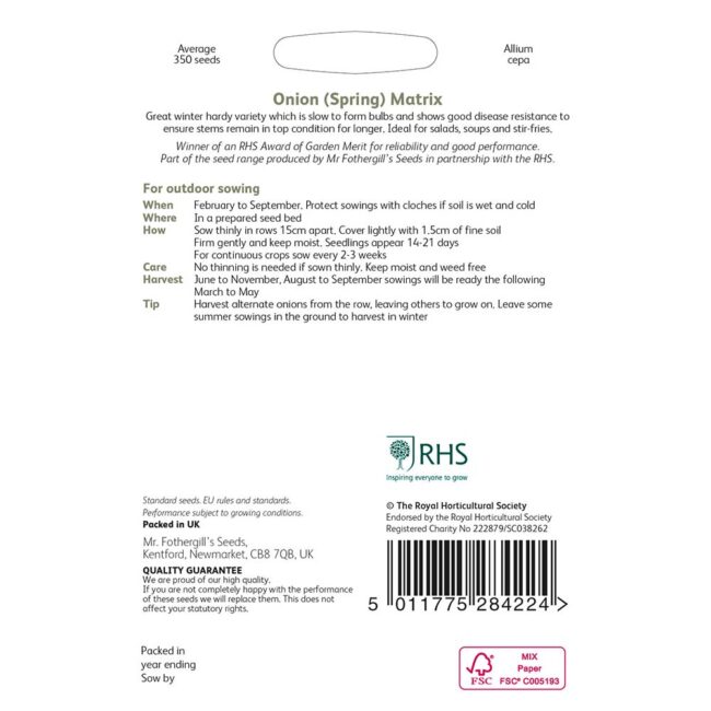 MR FOTHERGILL'S - RHS ONION SPRING MATRIX SEEDS - Image 2