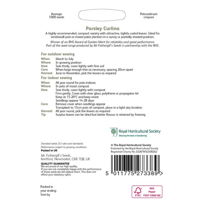 MR FOTHERGILL'S - RHS PARSLEY CURLINA SEEDS - Image 2