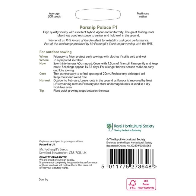 MR FOTHERGILL'S - RHS PARSNIP PALACE F1 SEEDS - Image 2