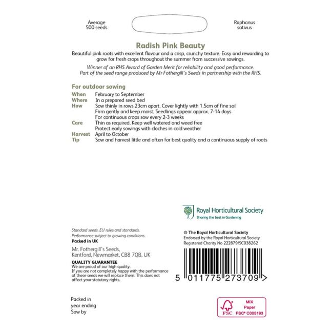 MR FOTHERGILL'S - RHS RADISH PINK BEAUTY SEEDS - Image 2