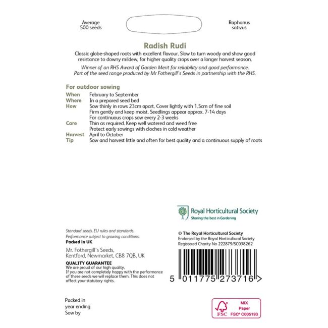 MR FOTHERGILL'S - RHS RADISH RUDI SEEDS - Image 2