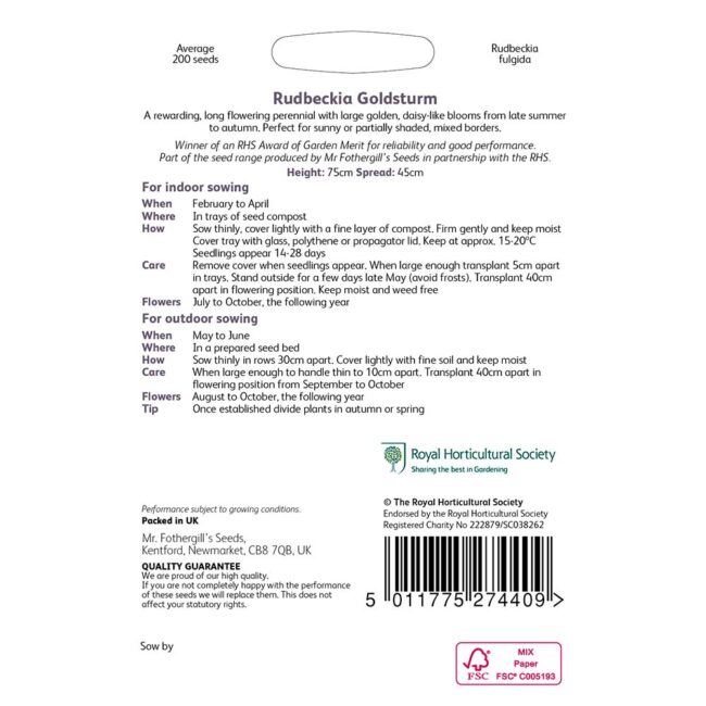 MR FOTHERGILL'S - RHS RUDBECKIA GOLDSTURM SEEDS - Image 2