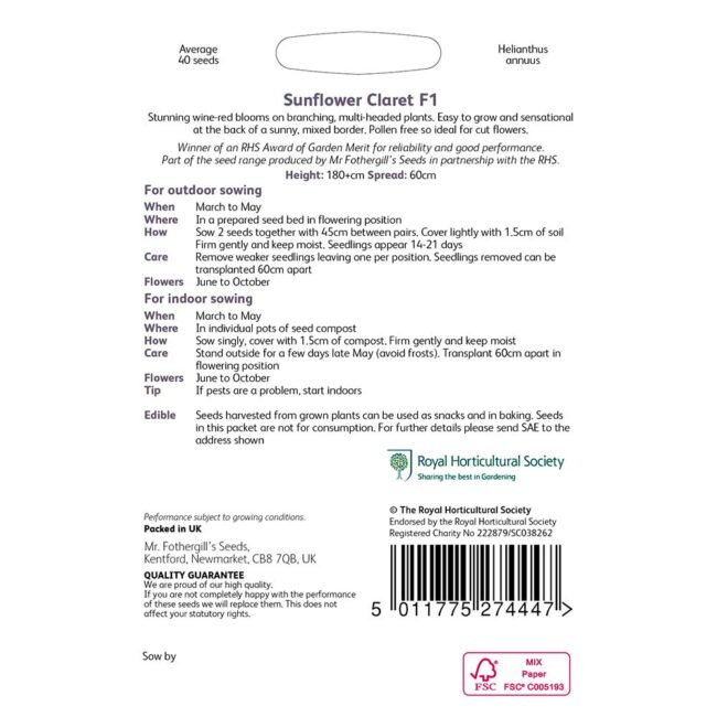 MR FOTHERGILL'S - RHS SUNFLOWER CLARET F1 SEEDS - Image 2