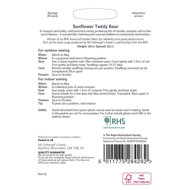 MR FOTHERGILL'S - RHS SUNFLOWER TEDDY BEAR SEEDS - Image 2