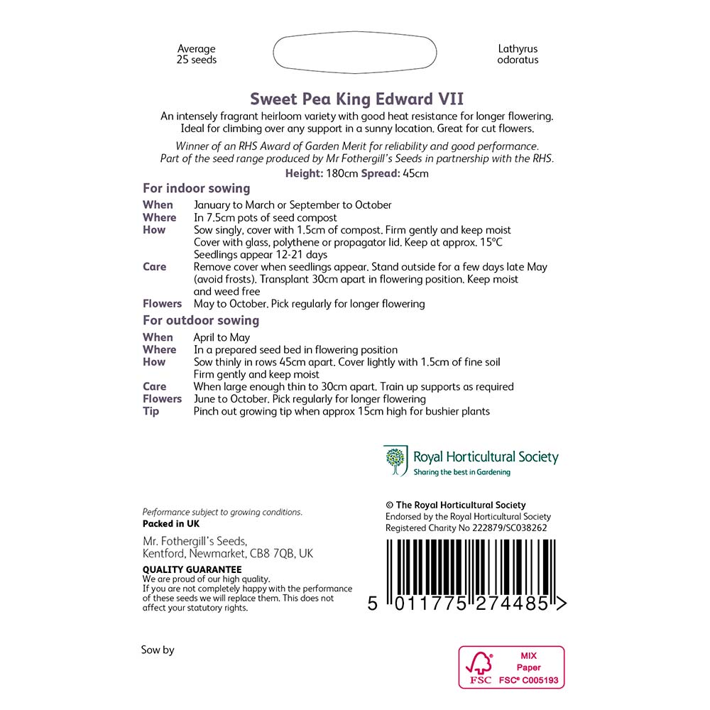 MR FOTHERGILL'S - RHS SWEET PEA KING EDWARD VII SEEDS - Image 2