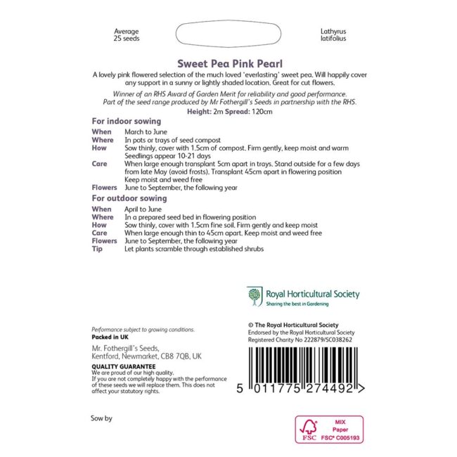 MR FOTHERGILL'S - RHS SWEET PEA PINK PEARL SEEDS - Image 2