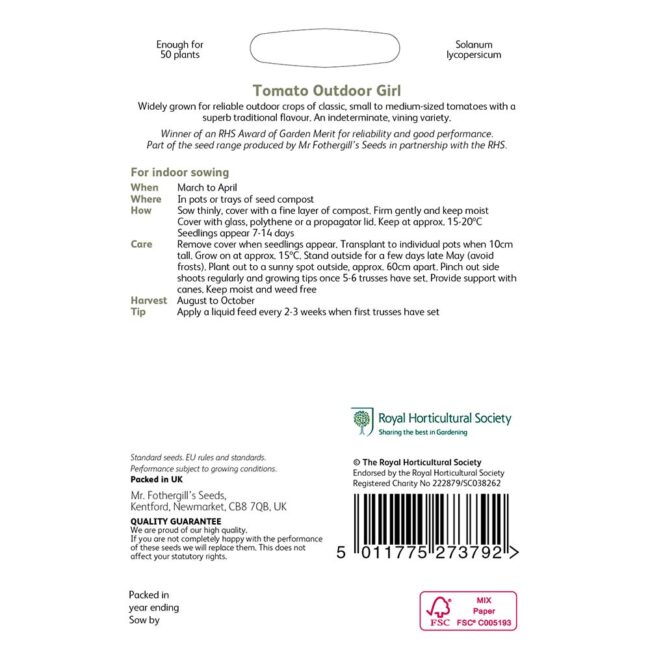 MR FOTHERGILL'S - RHS TOMATO OUTDOOR GIRL SEEDS - Image 2