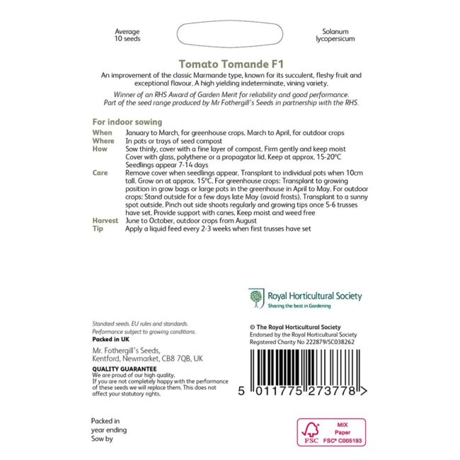 MR FOTHERGILL'S - RHS TOMATO TOMANDE F1 SEEDS - Image 2