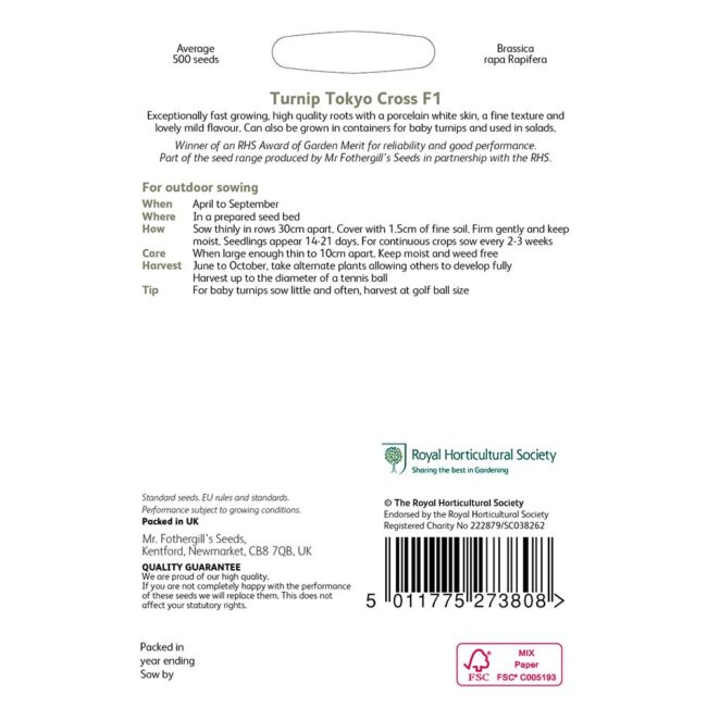 MR FOTHERGILL'S - RHS TURNIP TOKYO CROSS F1 SEEDS - Image 2