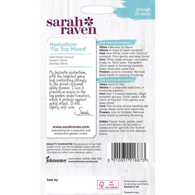 JOHNSONS SARAH RAVEN - NASTURTIUM TIP TOP MIXED SEEDS - Image 2