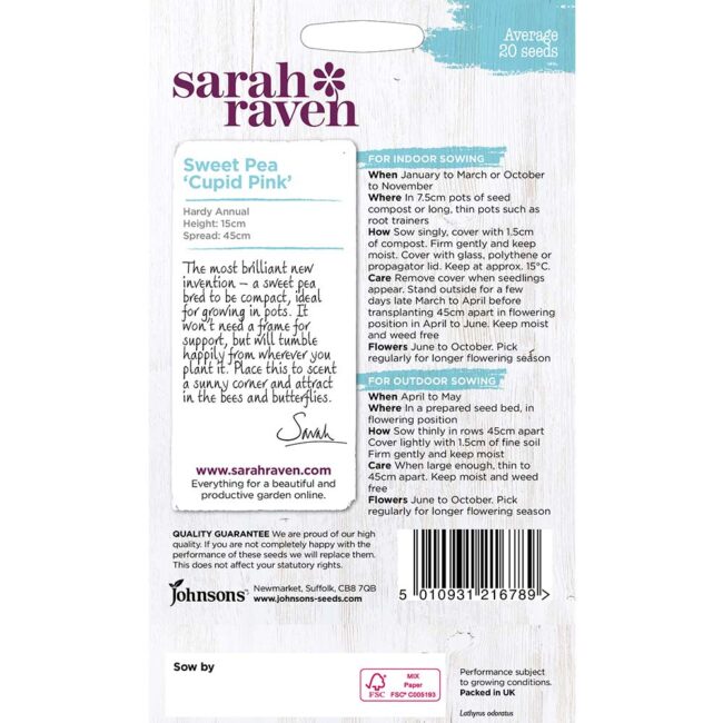 JOHNSONS SARAH RAVEN - SWEET PEA CUPID PINK SEEDS - Image 2
