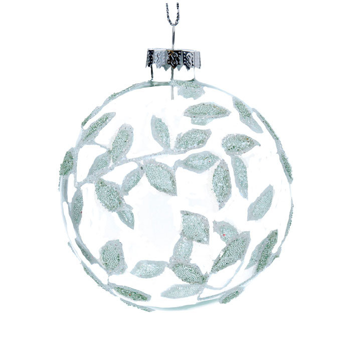 GISELA GRAHAM CLEAR GLASS BAUBLE WITH GREEN GLITTER LEAVES