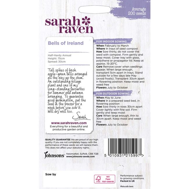 JOHNSONS SARAH RAVEN - BELLS OF IRELAND SEEDS - Image 2
