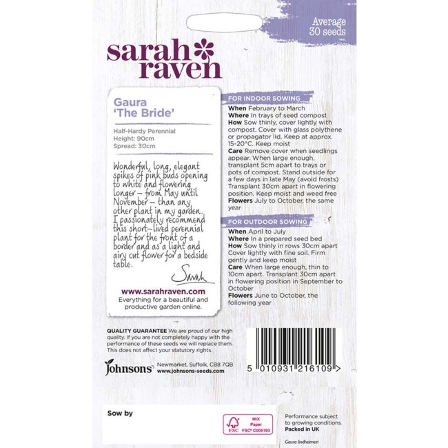 JOHNSONS SARAH RAVEN - GAURA THE BRIDE SEEDS - Image 2