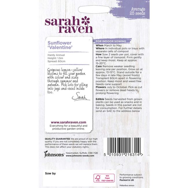 JOHNSONS SARAH RAVEN - SUNFLOWER VALENTINE SEEDS - Image 2