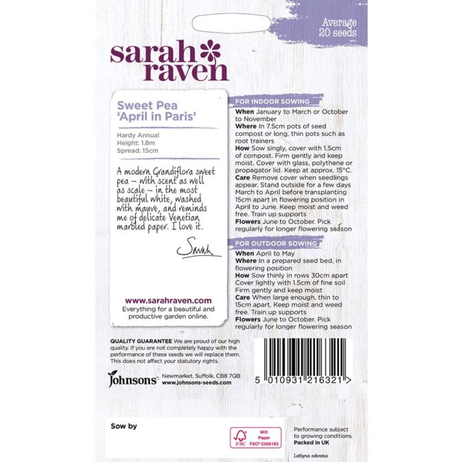 JOHNSONS SARAH RAVEN - SWEET PEA APRIL IN PARIS SEEDS - Image 2