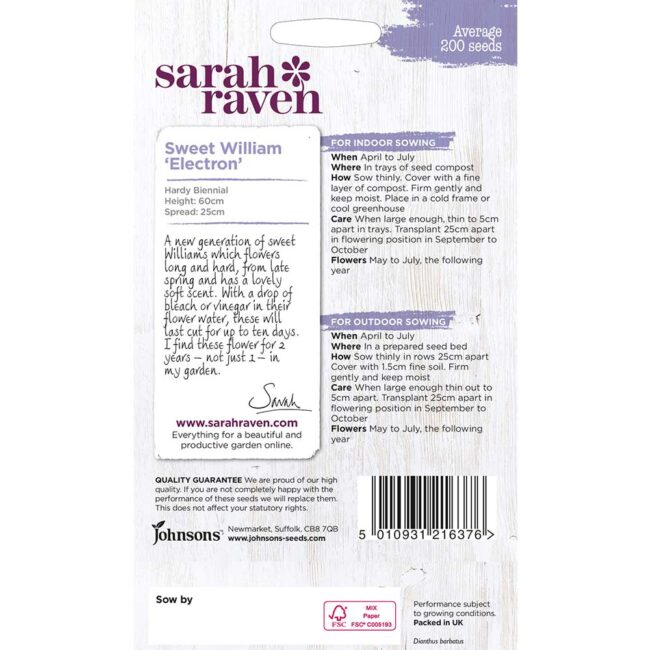 JOHNSONS SARAH RAVEN - SWEET WILLIAM ELECTRON SEEDS - Image 2