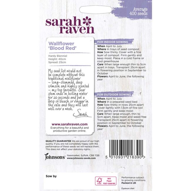 JOHNSONS SARAH RAVEN - WALLFLOWER BLOOD RED SEEDS - Image 2