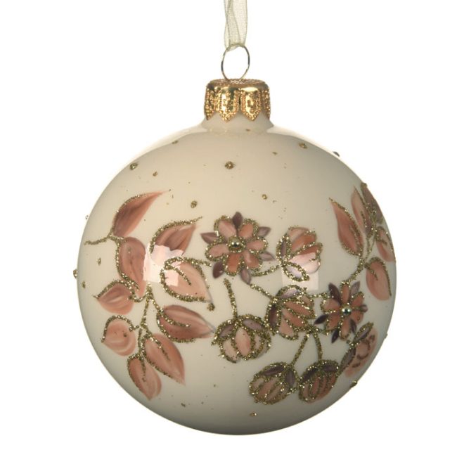 DECORIS CREAM FLOWER GLASS BAUBLE