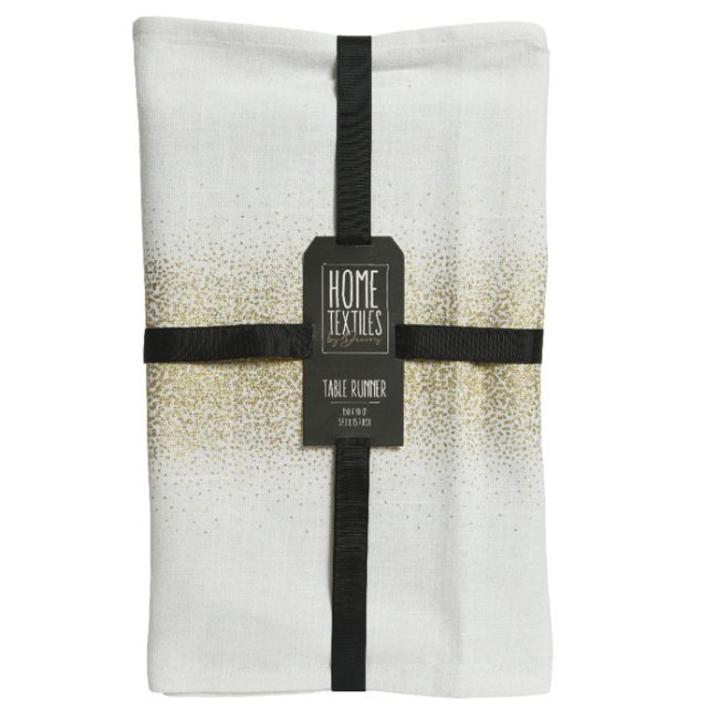 DECORIS WHITE TABLE RUNNER WITH GOLD FOIL PRINT