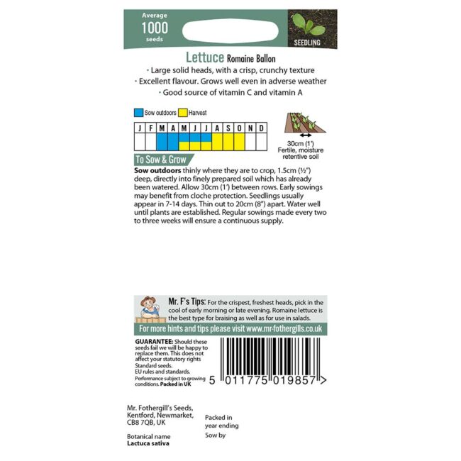 MR FOTHERGILL'S - LETTUCE ROMAINE BALLON SEEDS - Image 2
