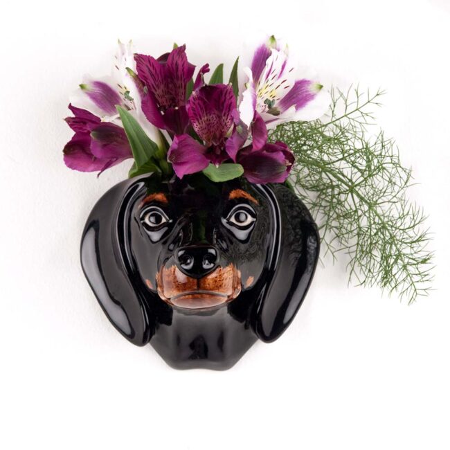 QUAIL CERAMICS WALL VASE DACHSHUND BLACK & TAN SMALL