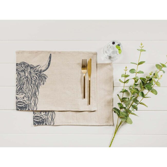 THE JUST SLATE COMPANY LINEN PLACEMAT HIGHLAND COW