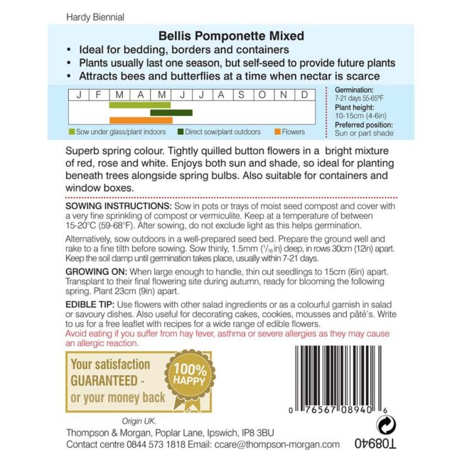 THOMPSON & MORGAN - BELLIS POMPONETTE MIXED SEEDS - Image 2