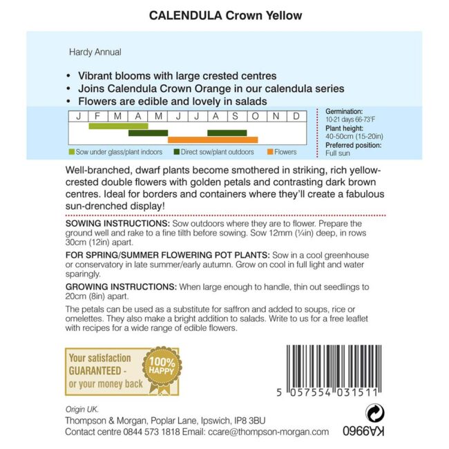 THOMPSON & MORGAN - CALENDULA CROWN YELLOW SEEDS - Image 2