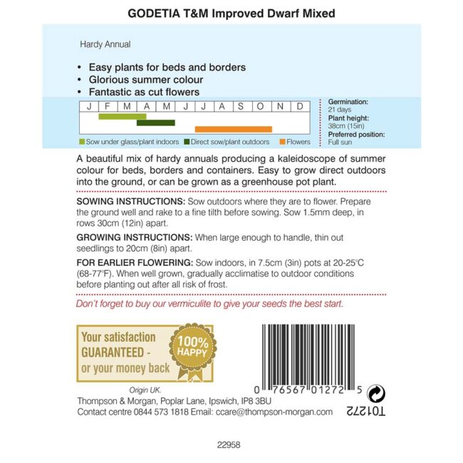 THOMPSON & MORGAN - GODETIA IMPROVED DWARF MIXED SEEDS - Image 2
