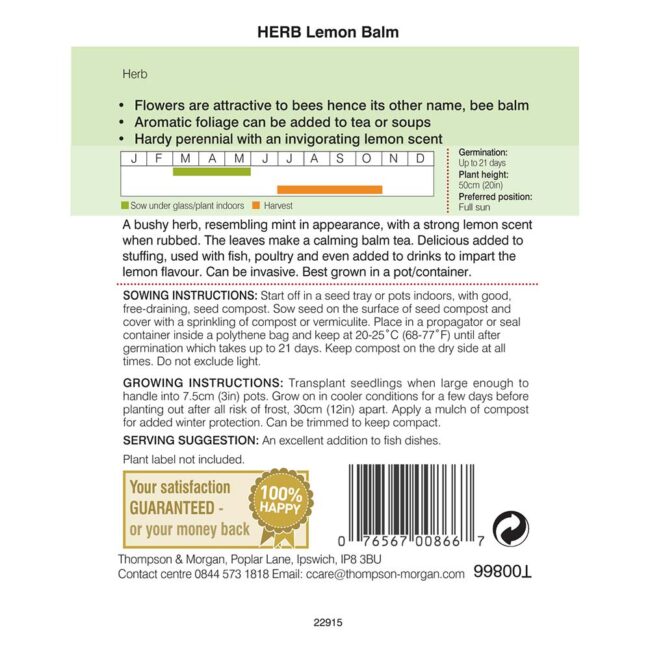 THOMPSON & MORGAN - LEMON BALM SEEDS - Image 2
