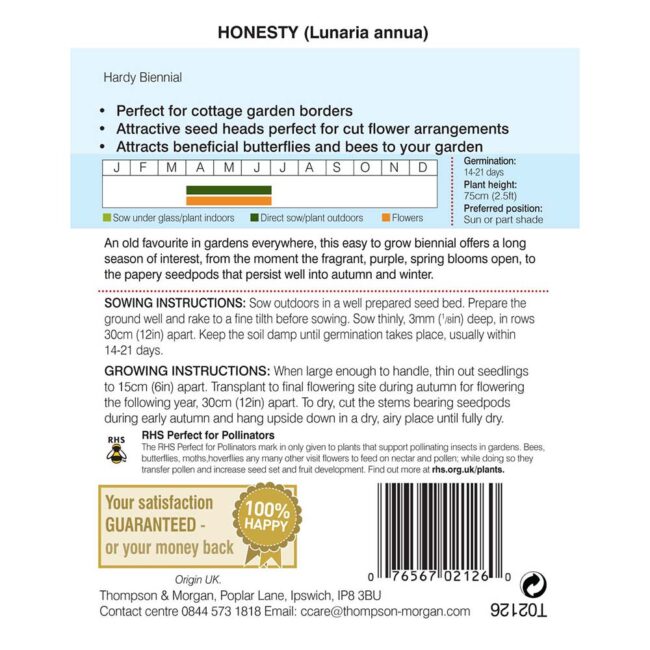 THOMPSON & MORGAN - HONESTY (LUNARIA OR SILVER DOLLAR) SEEDS - Image 2