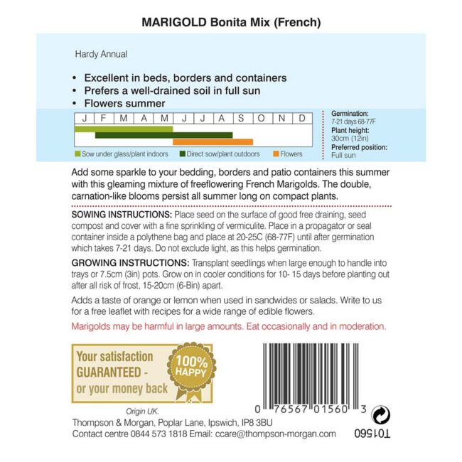 THOMPSON & MORGAN - MARIGOLD BONITA MIXED (FRENCH) SEEDS - Image 2