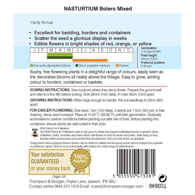 THOMPSON & MORGAN - NASTURTIUM BOLERO MIXED SEEDS - Image 2
